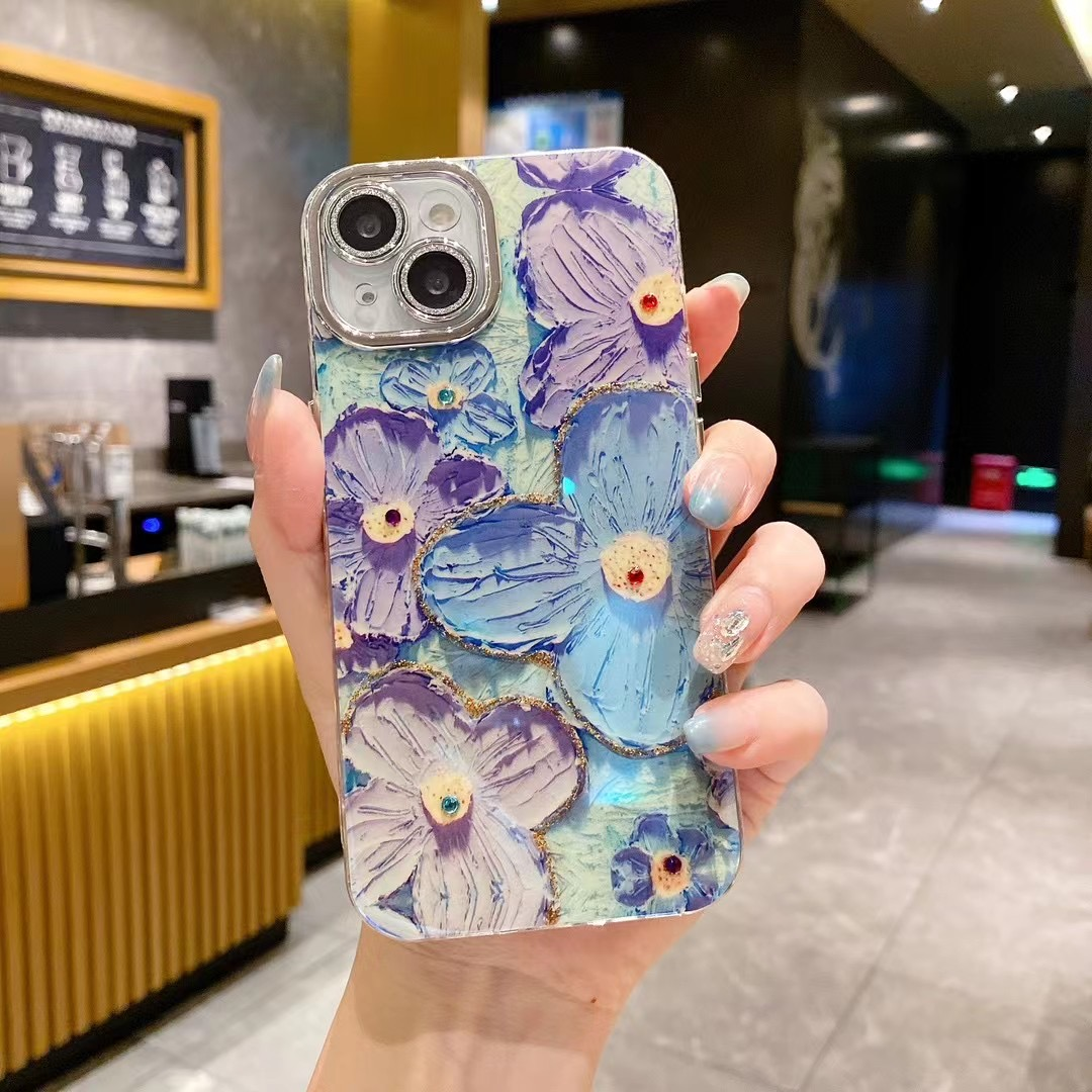 iPhone 15 Series Luxury 3D Oil Painting Floral Design With Glitter