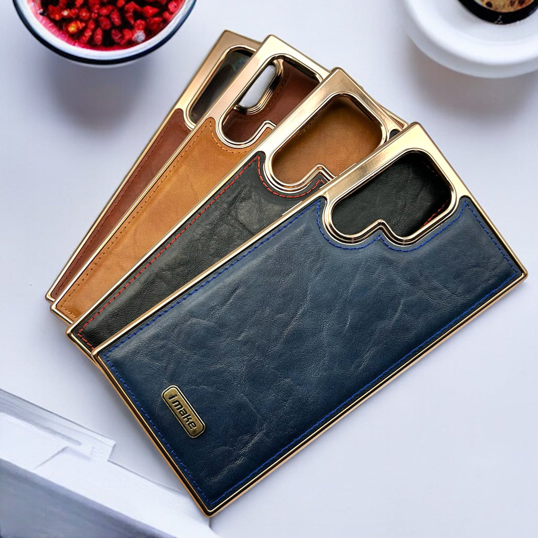 Samsung Galaxy S22 Ultra PU Leather Gold Chrome Plated Case Cover