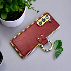 Samsung Galaxy Z Fold 5 PU Leather Chromeplated Ring Case Screen Protector Cover