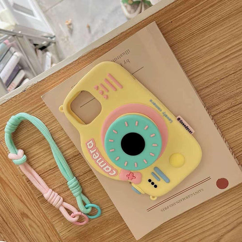 iPhone 3D Retro Camera Silicone Case Cover With Sling Yellow