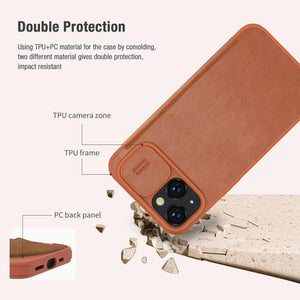 iPhone 15 Series Nillkin Camera Protection QIN Leather Flip Case Brown