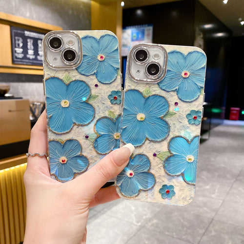 iPhone 15 Series Luxury 3D Oil Painting Floral Design With Glitter Lens Protection Case Cover SkyBlue