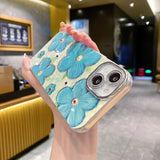 iPhone 15 Series Luxury 3D Oil Painting Floral Design With Glitter Lens Protection Case Cover SkyBlue