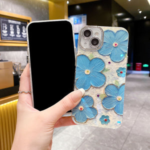 iPhone 15 Series Luxury 3D Oil Painting Floral Design With Glitter Lens Protection Case Cover SkyBlue