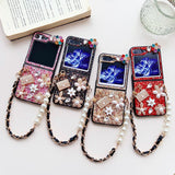 Samsung Galaxy Z Flip 5 Bling Glitter Diamond Flower Case With Pearl Chain Stap