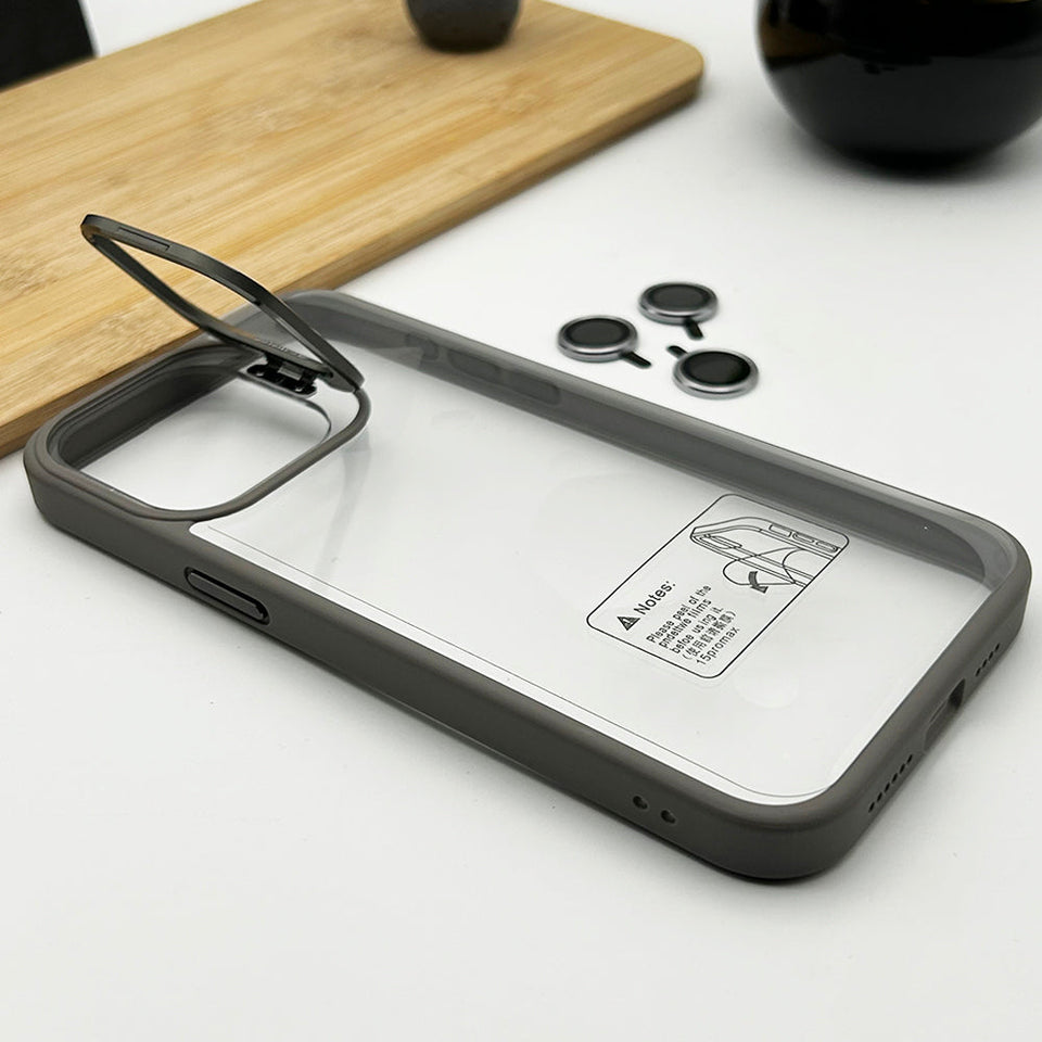 iPhone 15 Series Hollow Flipping Bracket Case Cover With Camera Protection Lens Black