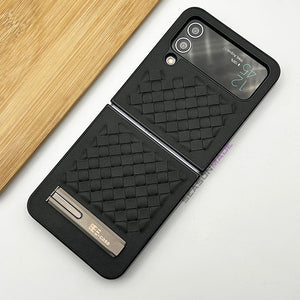 Samsung Galaxy Z Flip 4 PU Leather Checks Grid Pattern Kickstand Case Cover