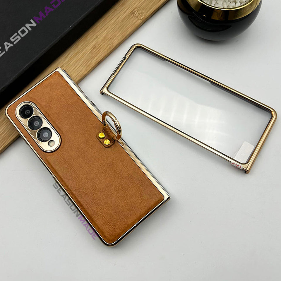 Samsung Galaxy Z Fold 4 PU Leather Chrome Plated With Front Screen Protector Metal Ring Case Cover