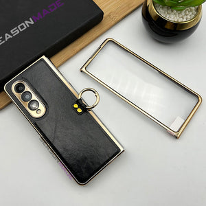 Samsung Galaxy Z Fold 4 PU Leather Chrome Plated With Front Screen Protector Metal Ring Case Cover