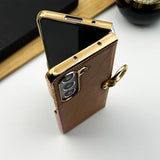 Samsung Z Fold 5 PU Leather Chrome Plated Ring Case Cover Inside Velvet