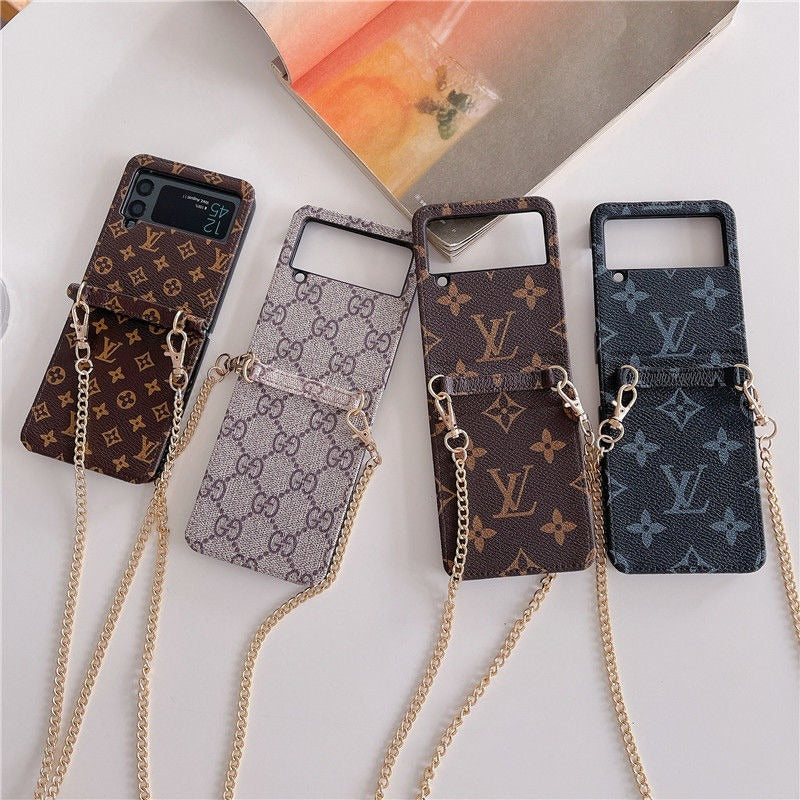 Samsung Galaxy Z Flip 4 Luxury Brand PU Leather Case Cover With Chain Sling Strap