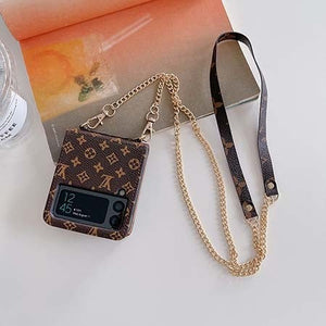 Samsung Galaxy Z Flip 4 Luxury Brand PU Leather Case Cover With Chain Sling Strap