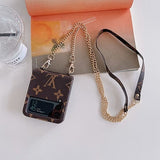 Samsung Galaxy Z Flip 4 Luxury Brand PU Leather Case Cover With Chain Sling Strap