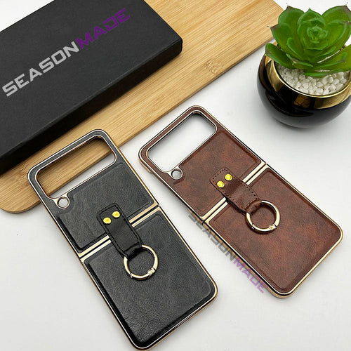 Samsung Galaxy Z Flip 4 Chrome Plated Pu Leather Metal Ring Holder Case Cover