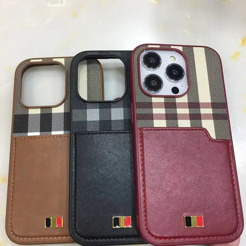 iPhone 15 Series Chequered Leather Cardholder Wallet Case Cover