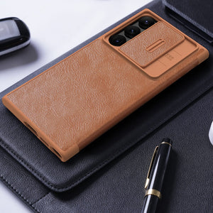 Samsung Galaxy S23 Ultra Camera Protection QIN Leather Flip Case Brown