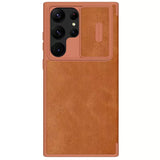 Samsung Galaxy S23 Ultra Camera Protection QIN Leather Flip Case Brown