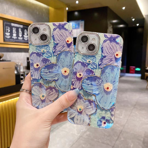 iPhone Luxury 3D Oil Painting Floral Design With Glitter Lens Protection Case Cover