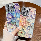 iPhone 15 Series Luxury 3D Oil Painting Floral Design With Glitter Lens Protection Case Cover