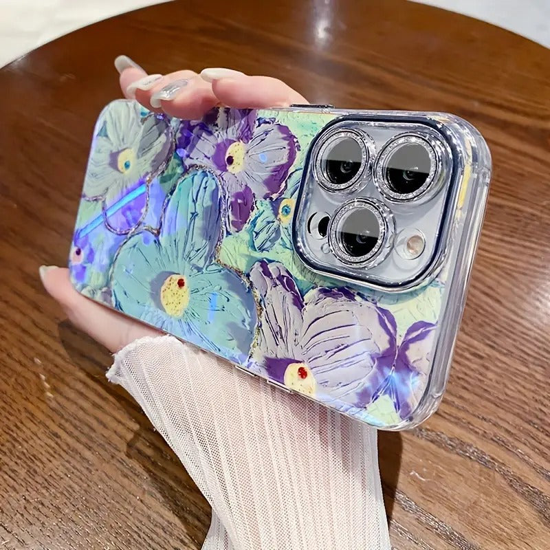 iPhone 15 Series Luxury 3D Oil Painting Floral Design With Glitter Lens Protection Case Cover