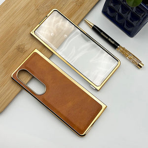 Samsung Z Fold 4 PU Leather Chrome Plated With Front Screen Protector Case Cover