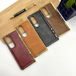 Samsung Z Fold 4 PU Leather Chrome Plated With Front Screen Protector Case Cover