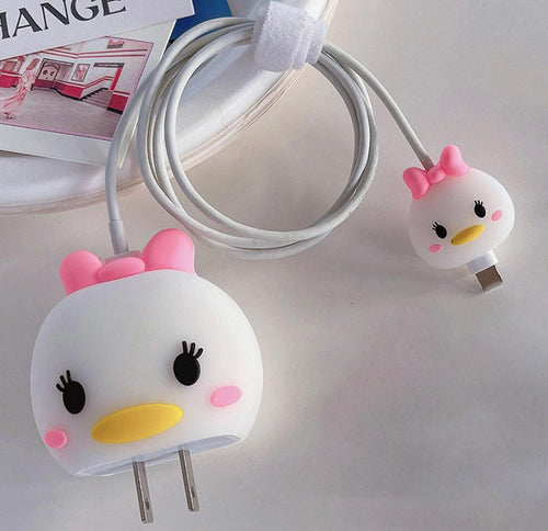 Cute Girly Duck Theme Silicone Cable Protector and Adapter Case For iPhone Charger