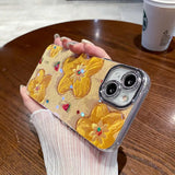 iPhone Luxury 3D Oil Painting Yellow Floral Design With Glitter Lens Protection Case Cover