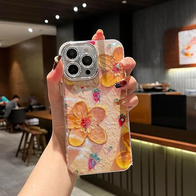 iPhone Luxury 3D Oil Painting Yellow Floral Design With Glitter Lens Protection Case Cover