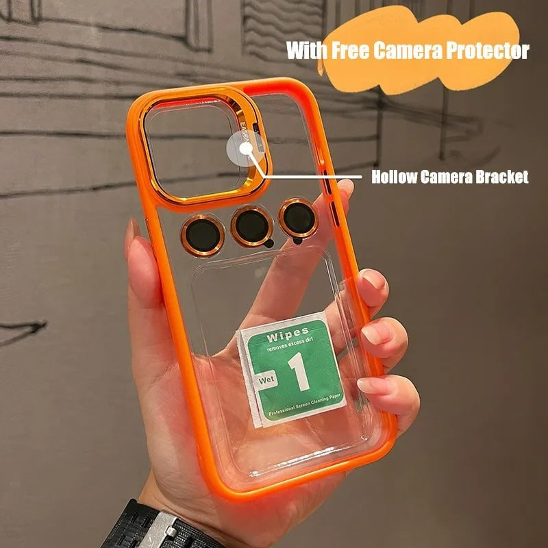 iPhone 15 Series Hollow Flipping Bracket Case Cover With Camera Protection Lens Orange