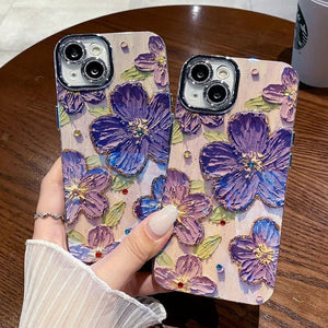 iPhone Luxury 3D Oil Painting Floral Design With Glitter Lens Protection Case Cover Purple